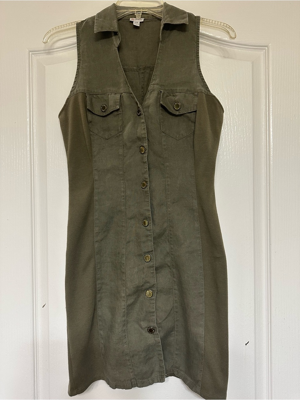 Guess linen snap button vest shirt dress utility army olive green sz XS 4